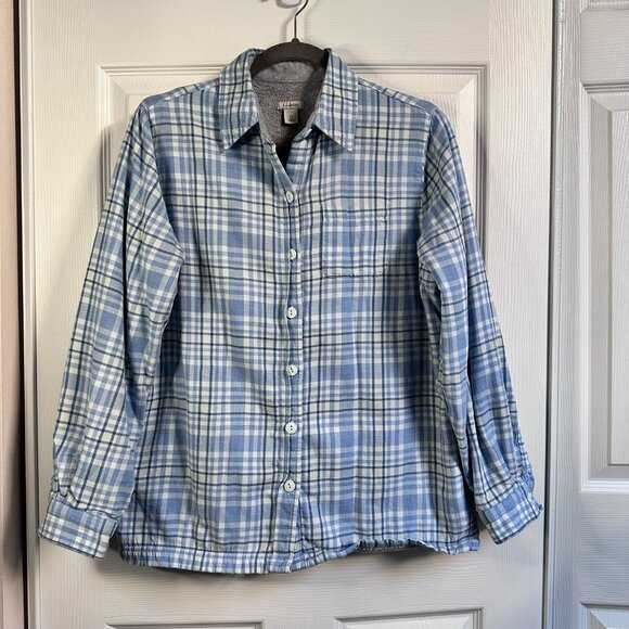 Women's XS LL Bean Light Blue Plaid Gray Fleece Lined Cotton Flannel Button Up - Picture 10 of 10